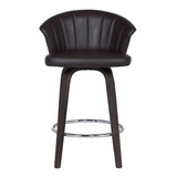 26" Dark Brown Faux Leather and Rustic Wood Back Swivel Bar Stool