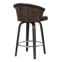 26" Dark Brown Faux Leather and Rustic Wood Back Swivel Bar Stool