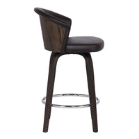 30" Dark Brown Faux Leather and Rustic Wood Back Swivel Bar Stool