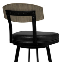 30" Black Faux Leather Black Metal and Gray Walnut Open Back Swivel Bar Stool