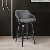 26" Gray Swivel Faux Leather Black Wooden Bar Stool