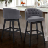 26" Grey Tufted Fabric and Dark Espresso Wood Swivel Bar Stool