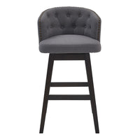 26" Grey Tufted Fabric and Dark Espresso Wood Swivel Bar Stool