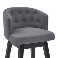 26" Grey Tufted Fabric and Dark Espresso Wood Swivel Bar Stool