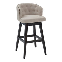 26" Tan Tufted Fabric and Dark Espresso Wood Swivel Bar Stool