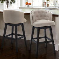 26" Tan Tufted Fabric and Dark Espresso Wood Swivel Bar Stool