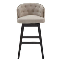 26" Tan Tufted Fabric and Dark Espresso Wood Swivel Bar Stool