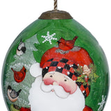 Plaid Santa with Cardinals Hand Painted Mouth Blown Glass Ornament