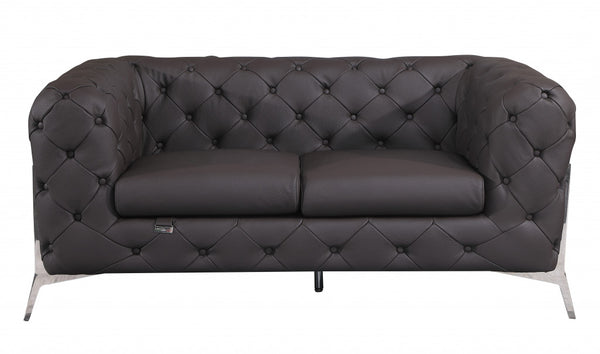 69" Dark Brown Tufted Italian Leather and Chrome Love Seat