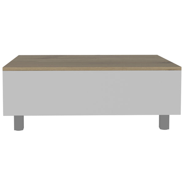 32" White And Light Oak Manufactured Wood Rectangular Lift Top Coffee Table With Drawer And Shelf