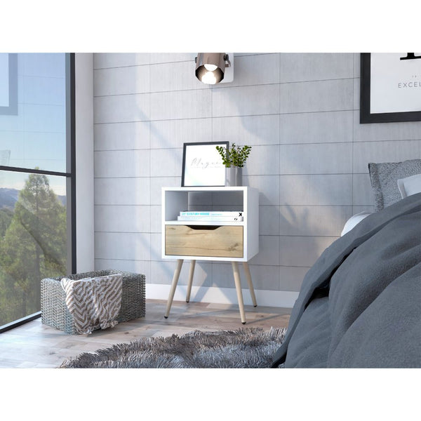 Modern White and Light Oak Bedroom Nightstand
