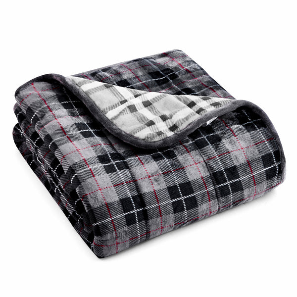 Light Grey Plaid Weighted Velvet and Velvet Throw Blanket