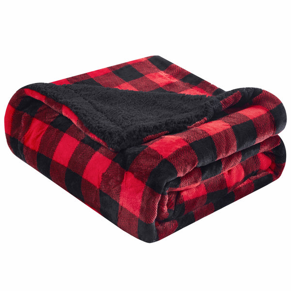 Buffalo Red Black Reversible Velvet and Sherpa Throw Blanket
