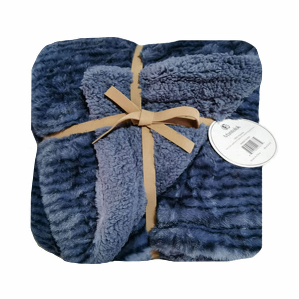 Reversible Pinstripe Texture Blue Faux Rabbit Fur and Sherpa Throw Blanket
