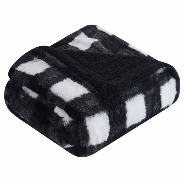 Reversible Buffalo Black and White Faux Rabbit Fur and Sherpa Throw Blanket