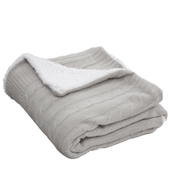 Reversible Quiet Grey Cable Knit and Sherpa Throw Blanket