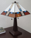 23" Cream Amber and Teal Arrow Stained Glass Two Light Mission Style Table Lamp