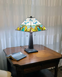 23" White and Aqua Stained Glass Two Light Mission Style Table Lamp