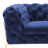 Contemporary 74" Blue Velvet And Gold Loveseat