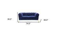 Contemporary 74" Blue Velvet And Gold Loveseat