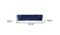 Contemporary 97" Blue Velvet And Gold Accent Sofa