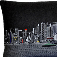 45" Black Hong Kong Nighttime Skyline Lumbar Decorative Pillow