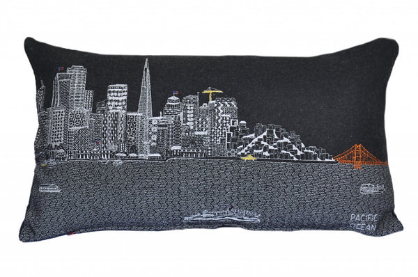 24" Black San Francisco Nighttime Skyline Lumbar Decorative Pillow