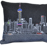 24" Black Shanghai  Nighttime Skyline Lumbar Decorative Pillow