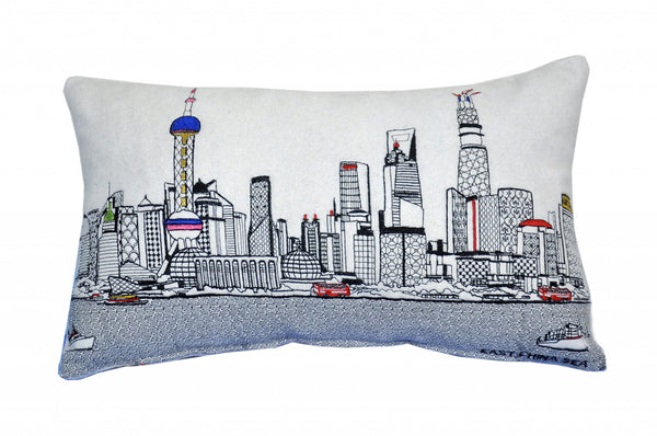 24" White Shanghai  Daylight Skyline Lumbar Decorative Pillow