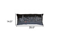 35" Black Hong Kong Nighttime Skyline Lumbar Decorative Pillow
