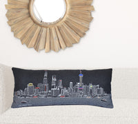 35" Black Shanghai  Nighttime Skyline Lumbar Decorative Pillow