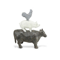12" Grey And White Cast Iron Trio of Farm Animals Hand Painted Sculpture