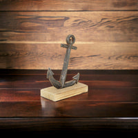 8" Gray Cast Iron Anchor on a Wood Base Sculpture