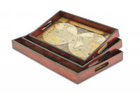 Set of Three Vintage World Map and Wood Veneer Serving Trays