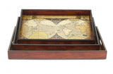 Set of Three Vintage World Map and Wood Veneer Serving Trays