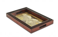 Set of Three Vintage World Map and Wood Veneer Serving Trays