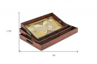 Set of Three Vintage World Map and Wood Veneer Serving Trays