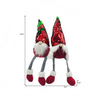 Set Of Two 22" Red And Green Fabric Christmas Sitting Gnome Sculptures