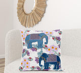 28x28 Blue Pink Gray Elephant Blown Seam Broadcloth Animal Print Throw Pillow