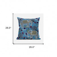 26x26 Blue White Elephant Blown Seam Broadcloth Animal Print Throw Pillow