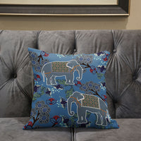 28x28 Blue White Elephant Blown Seam Broadcloth Animal Print Throw Pillow