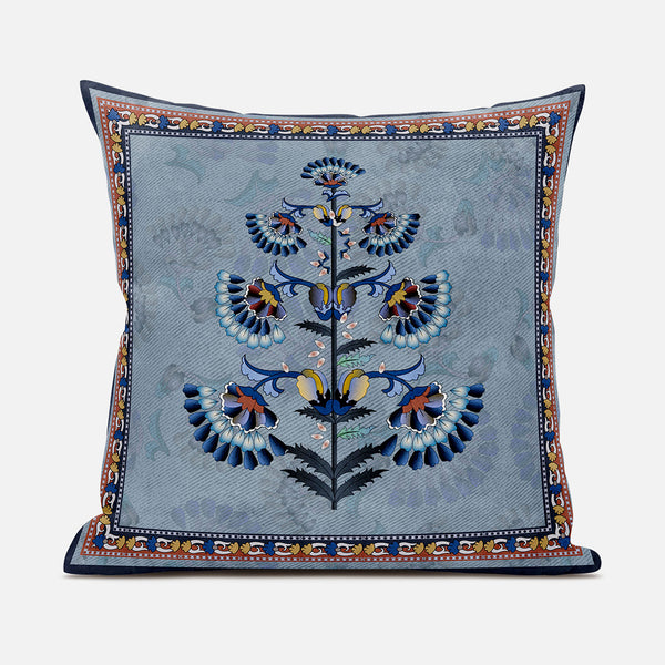 16x16 Gray Blue Red Blown Seam Broadcloth Floral Throw Pillow