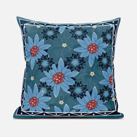 16x16 Blue Red Blown Seam Broadcloth Floral Throw Pillow