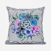 20x20 Beige Blue Gray Blown Seam Broadcloth Floral Throw Pillow