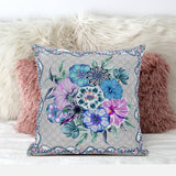 26x26 Beige Blue Gray Blown Seam Broadcloth Floral Throw Pillow