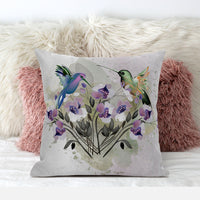 18x18 Beige Purple Brown Green Bird Blown Seam Broadcloth Animal Print Throw Pillow