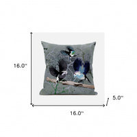 16x16 Off White Green Bird Blown Seam Broadcloth Animal Print Throw Pillow