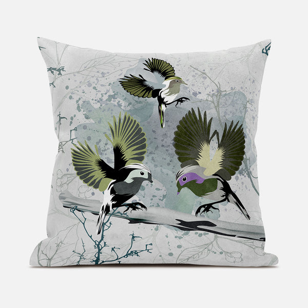 18x18 OliveGreen Offwhite Bird Blown Seam Broadcloth Animal Print Throw Pillow