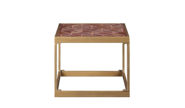 16" Brass And Warm Brown Leather Rectangular End Table