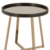 23" Champagne Walnut  And Mirrored Metal Round End Table
